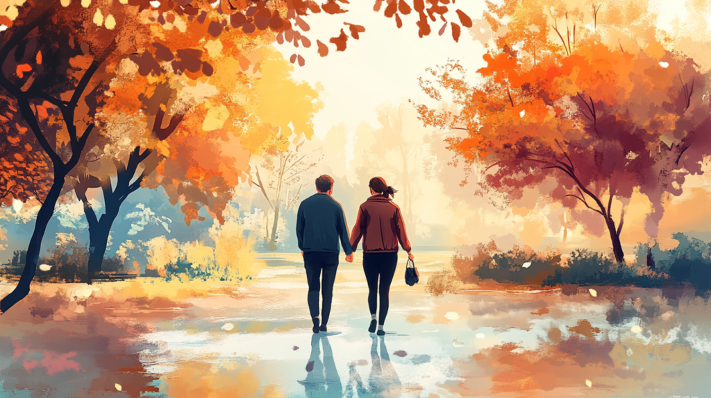 중년의 부부가 손잡고 산책하는 이미지