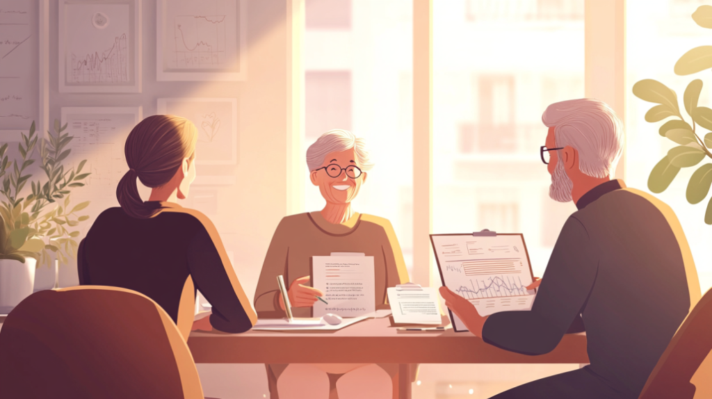 노후 설계를 하고 있는 테이블에 앉은 사람들의 모습