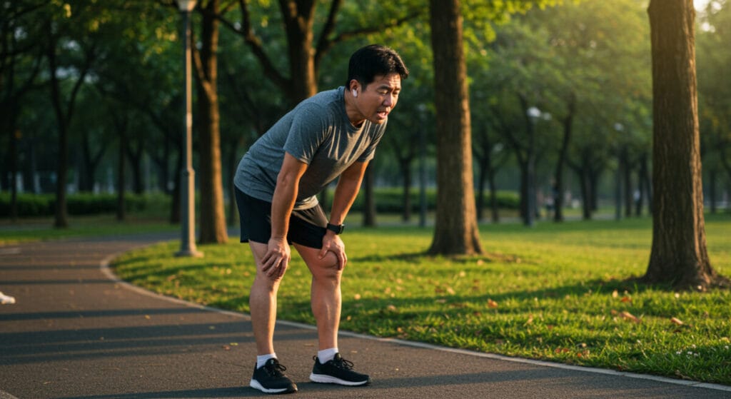 무리한 달리기로 힘들어 하는 중년