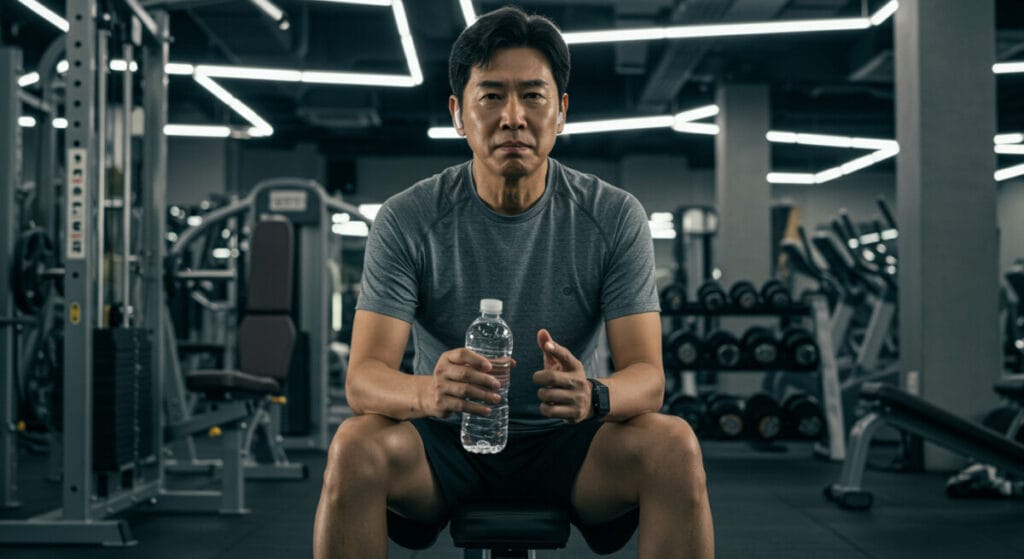 헬스장에서 운동하며 스트레스 받는 중년 남성
