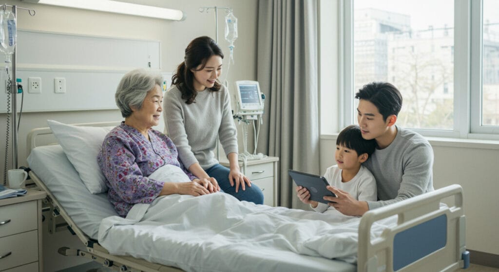 병원에 입원하신 부모님을 돌보는 가족
